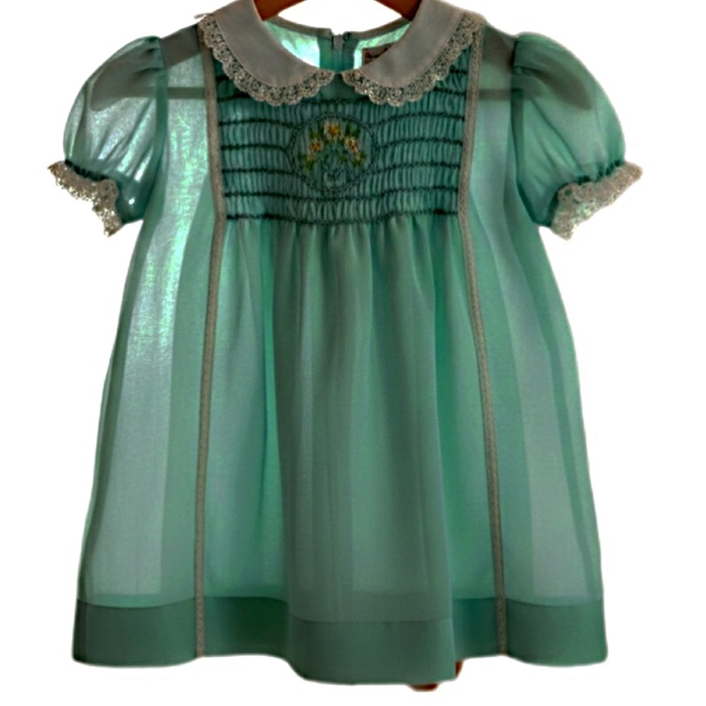 Vintage Poly Finders Hand Smocked Teal Dress 24 Months 1970’s
